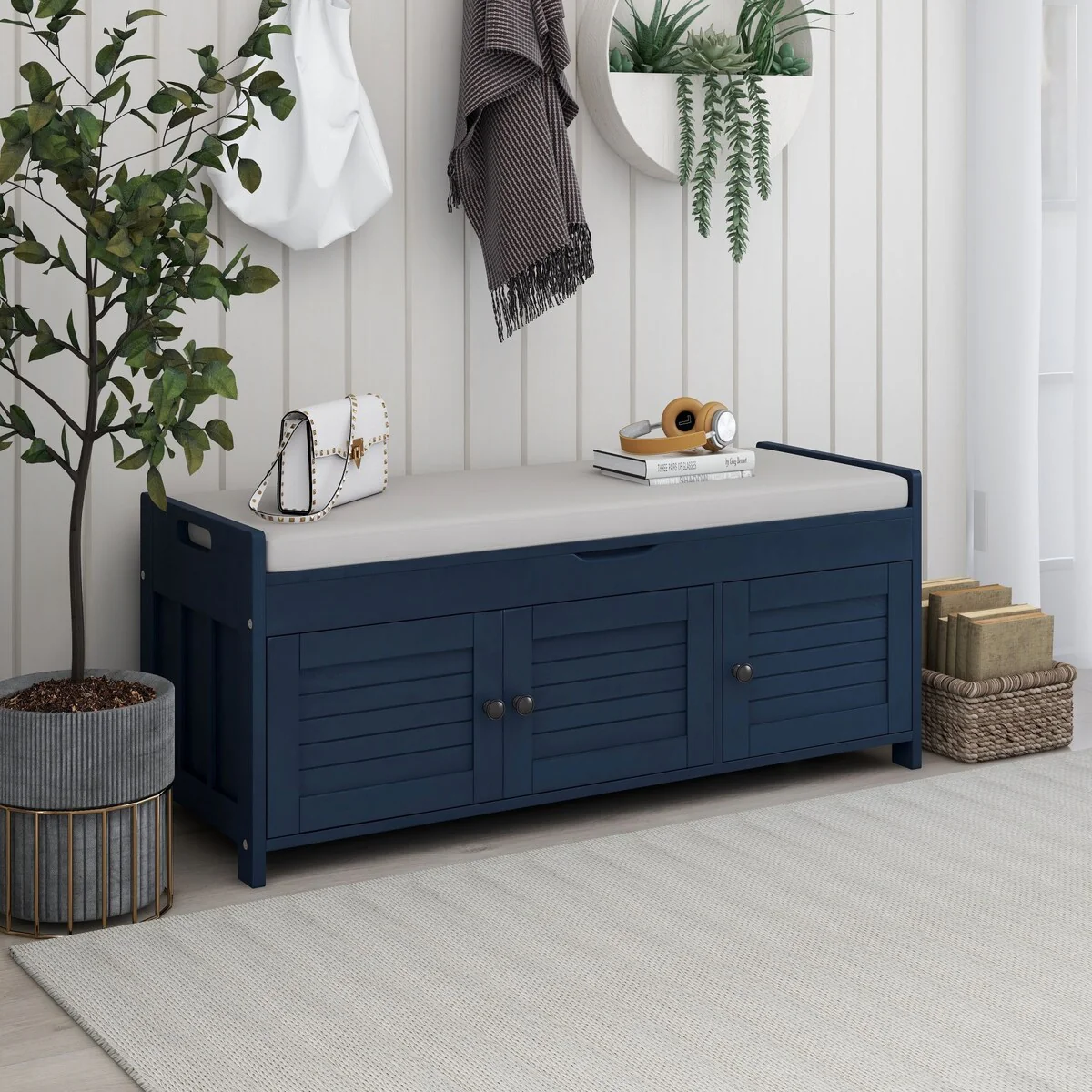 Storage Bench with 3 Doors Shoe Bench with Removable Cushion