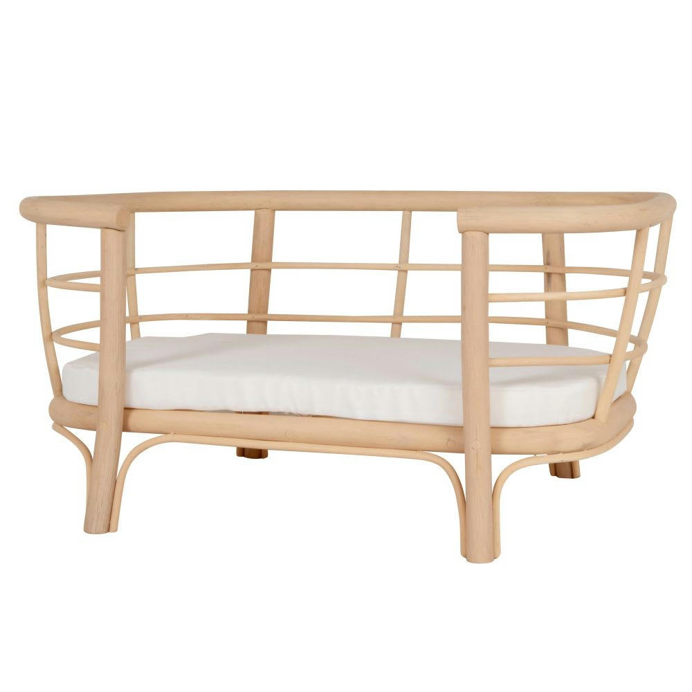 VAYA - Panier pour chien en rotin beige et coussin écru