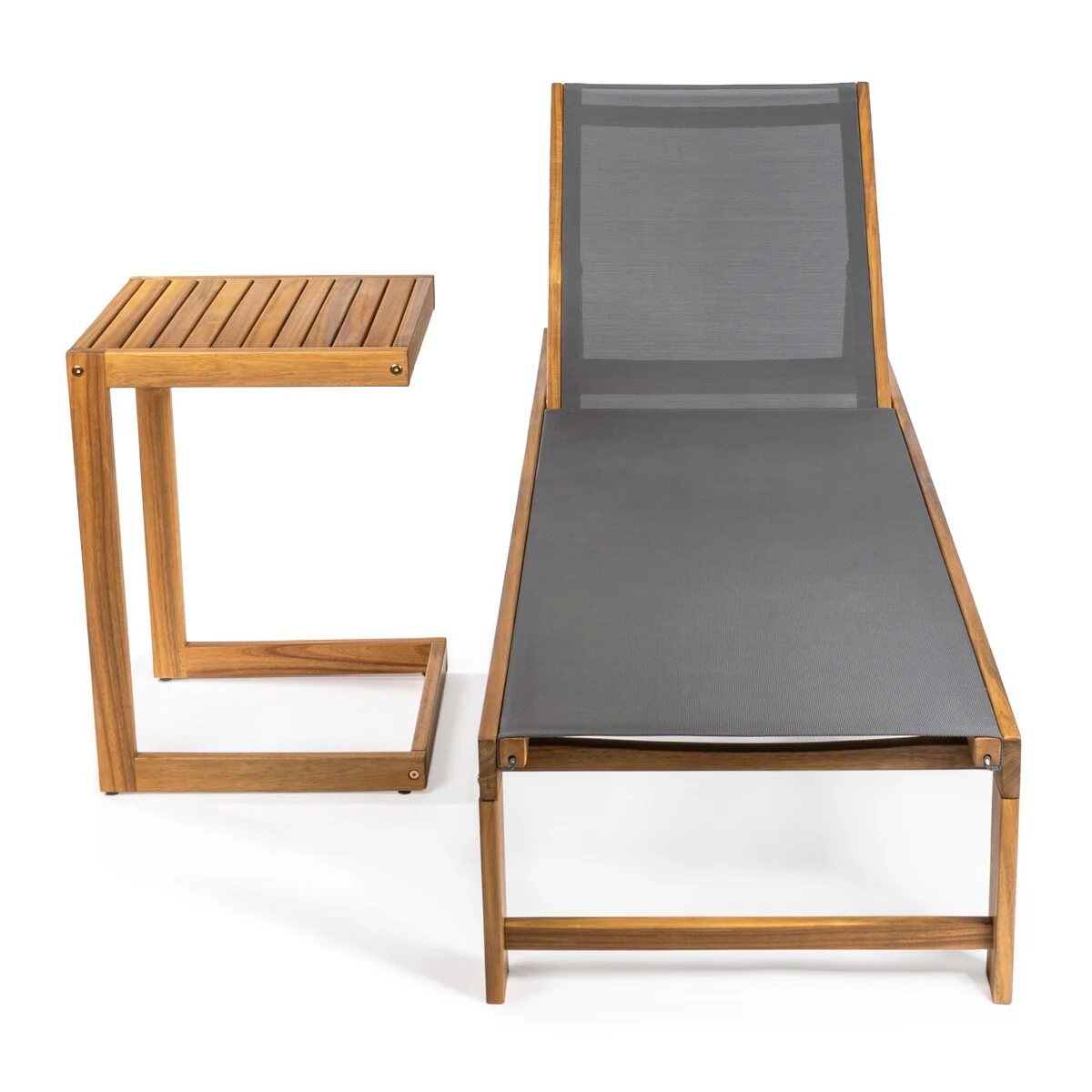 Barclay Coastal Modern Acacia Wood Mesh 3-Position Outdoor Chaise Lounge Set with Side Table, by JONATHAN Y