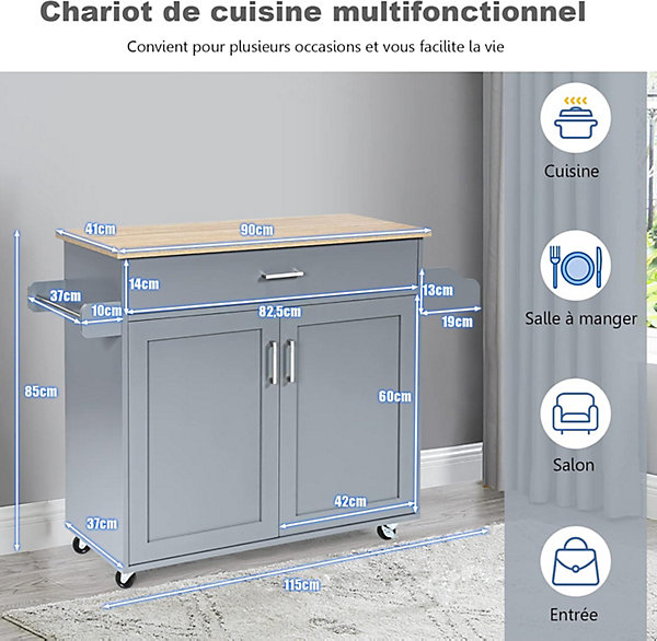 Desserte de Cuisine a roulettes avec 2 Etagere et 1 tiroirs Chariot de Rangemant en Bois avec Porte Serviettes