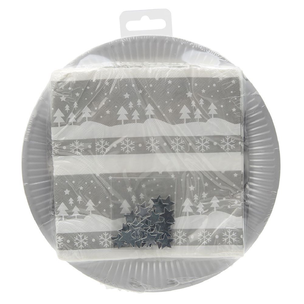 Kit jetable assiette   serviette motif No&euml;l argenté x20