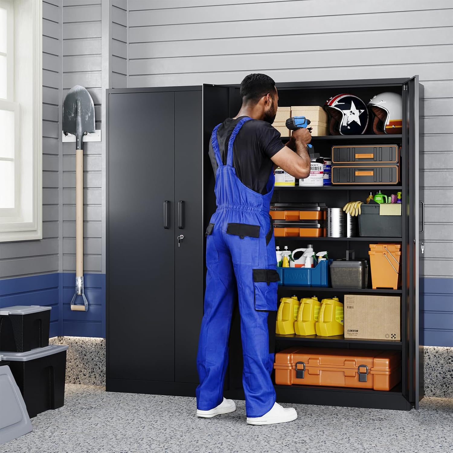 Yizosh Metal Garage Storage Cabinet with 2 Doors and 5 Adjustable Shelves - 71 Steel Lockable File Cabinet,Locking Tool Cabinets for Office,Home,Garage,Gym,School (Black)