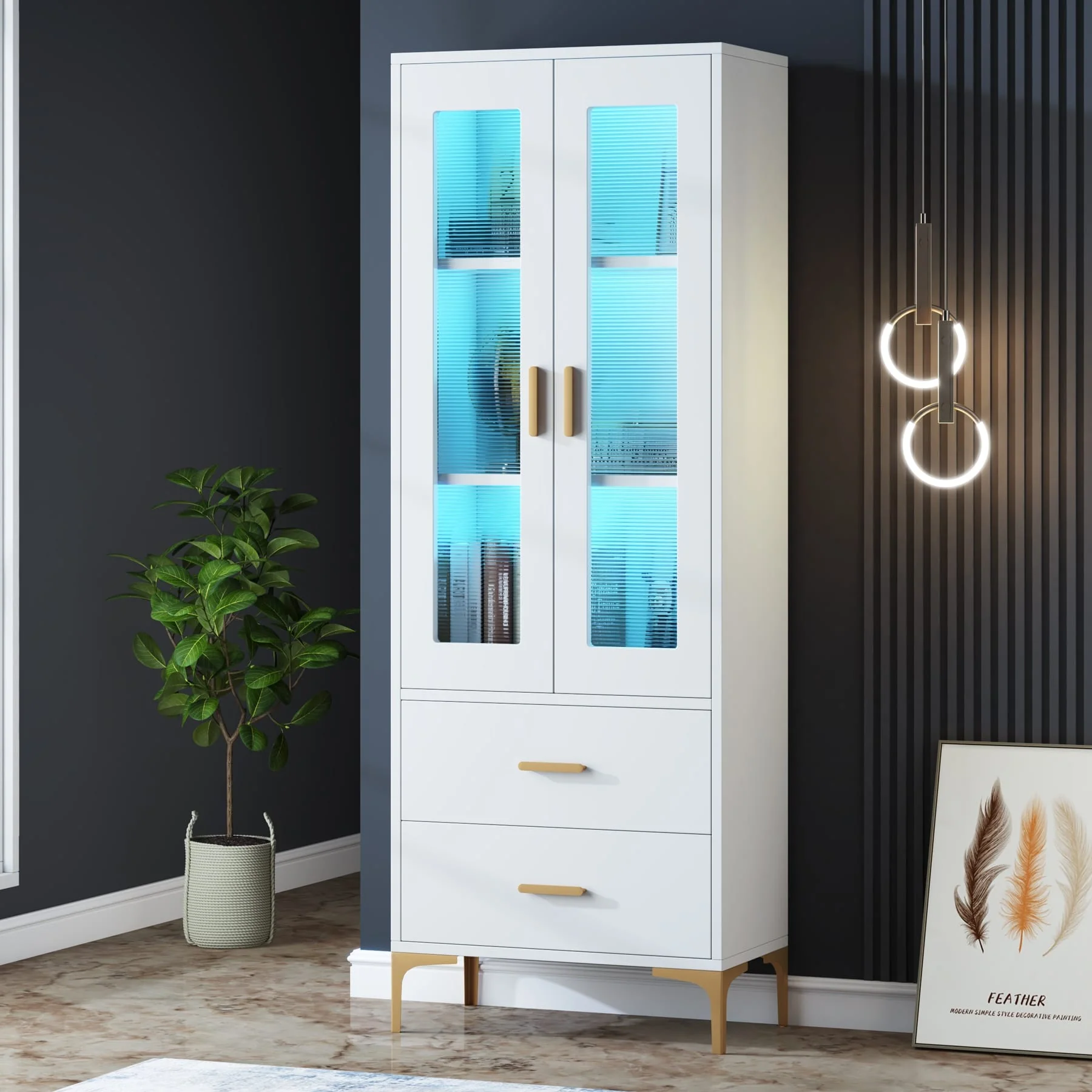 Bookshelf Bookcase with Doors and 2 Drawers for Living Room