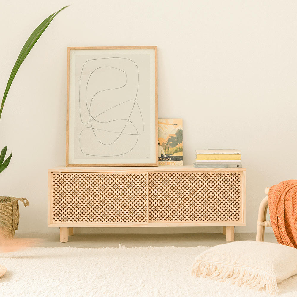 POLA - Meuble TV avec 2 portes en bois massif naturel- 120 cm