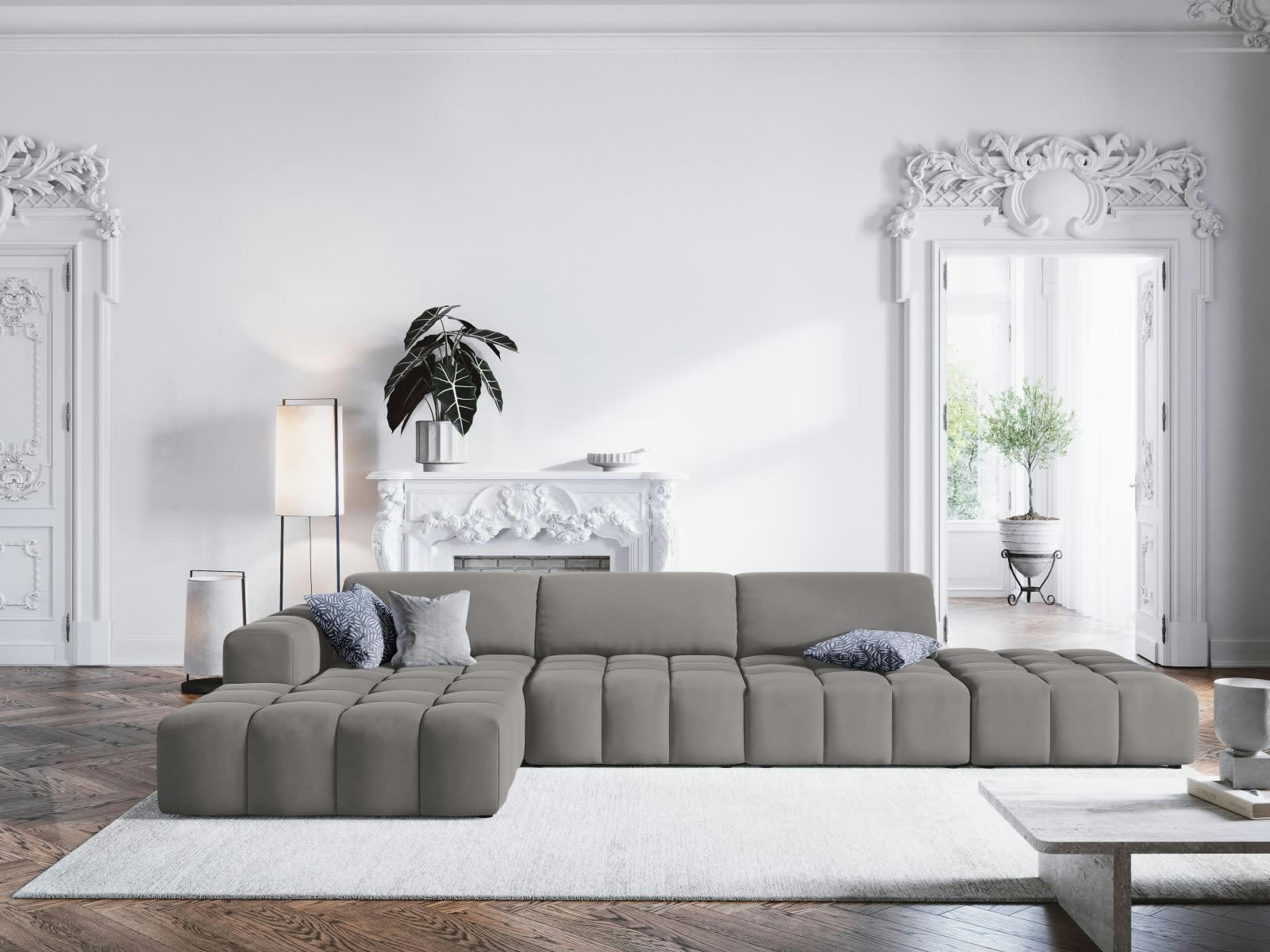 LUC - Canapé d'angle gauche 5 places en tissu velours gris clair