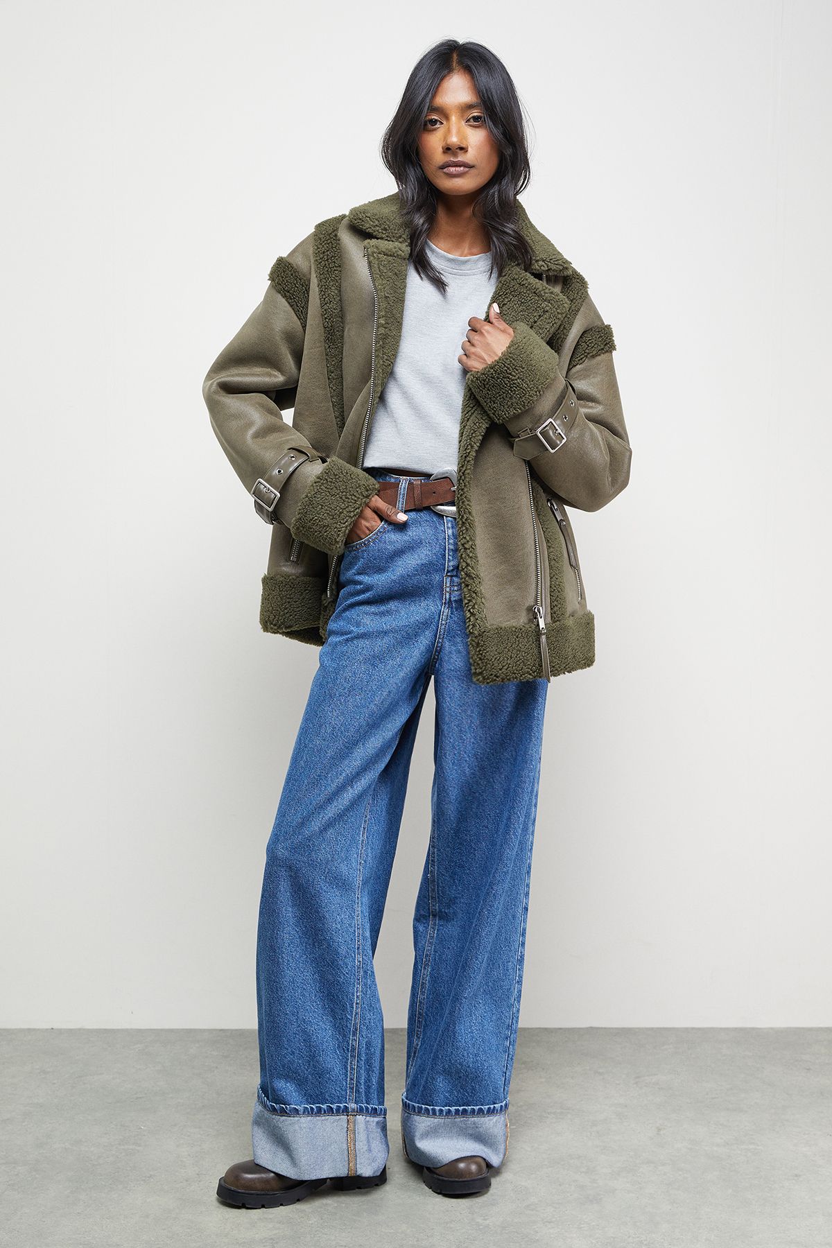 Warehouse Wool Lined Shearling Biker Jacket