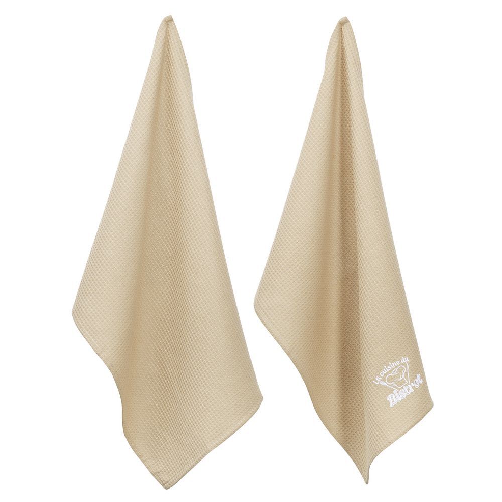 Torchon brodé La cuisine du Bistrot beige x2 - 100% coton 45x70cm