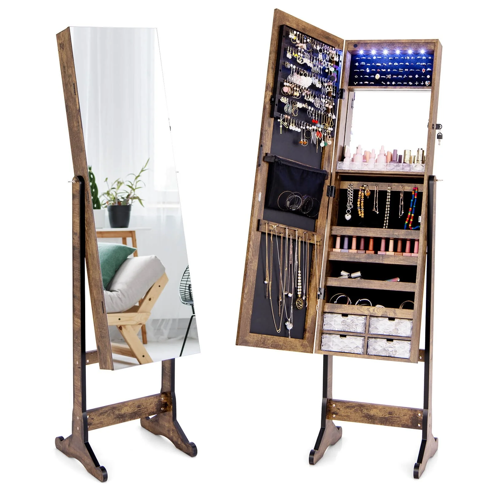 Costway Jewelry Cabinet Armoire Full Length Frameless Mirror Lockable - See Details