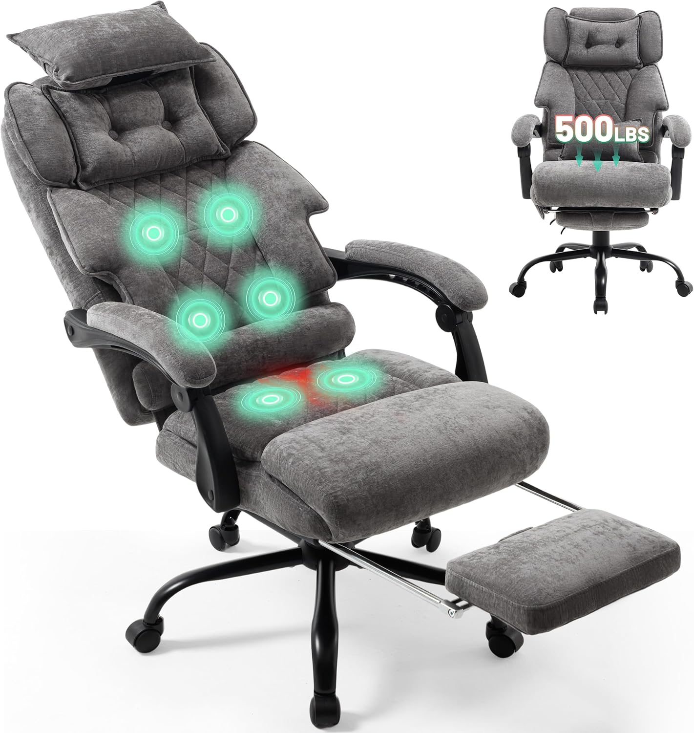 Massage Office Chair with Foot Rest,6 Points Vibration & Heat Executive Office Chairs for Heavy People,500LBS Big and Tall Office Chair,Ergonomic Reclining Desk Chair,Dual-Use Pillow,Grey