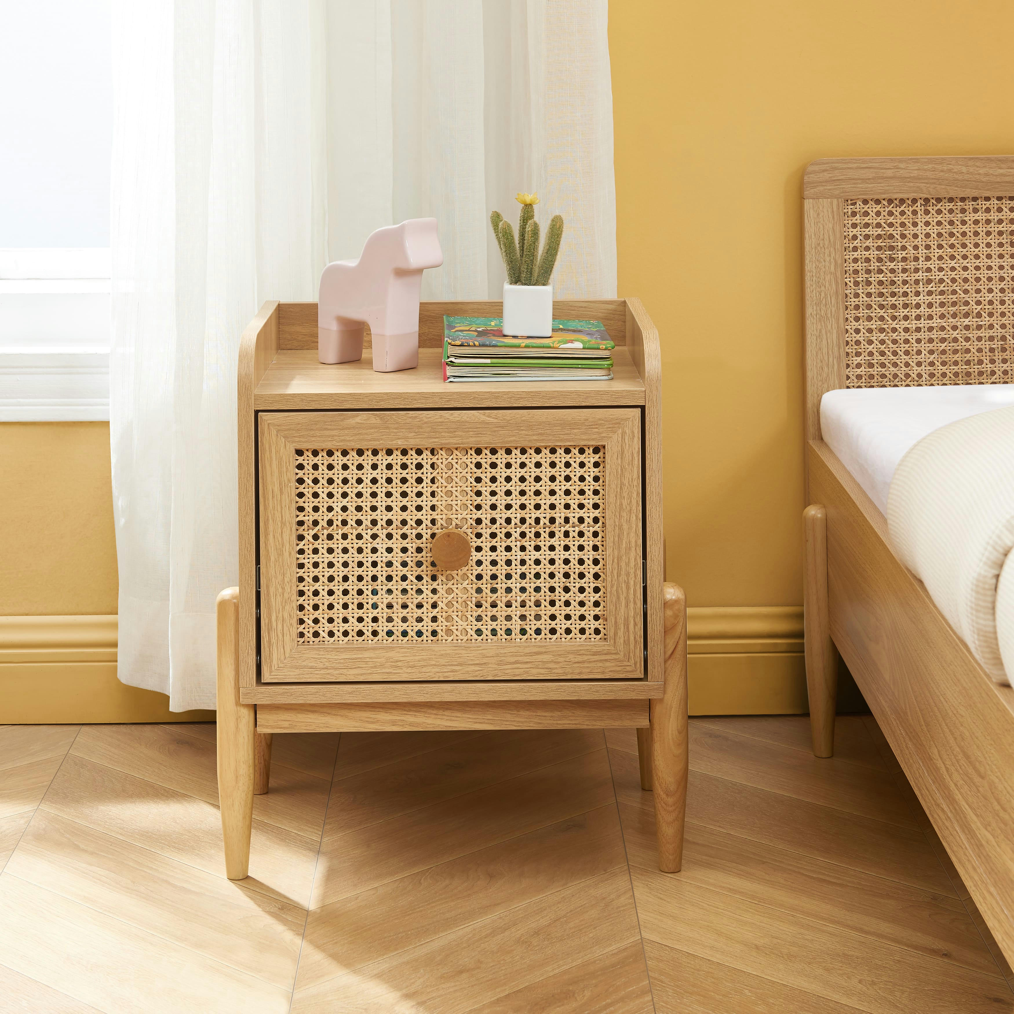 PABLO - Table de chevet enfant  cannage rotin et effet bois 1 tiroir