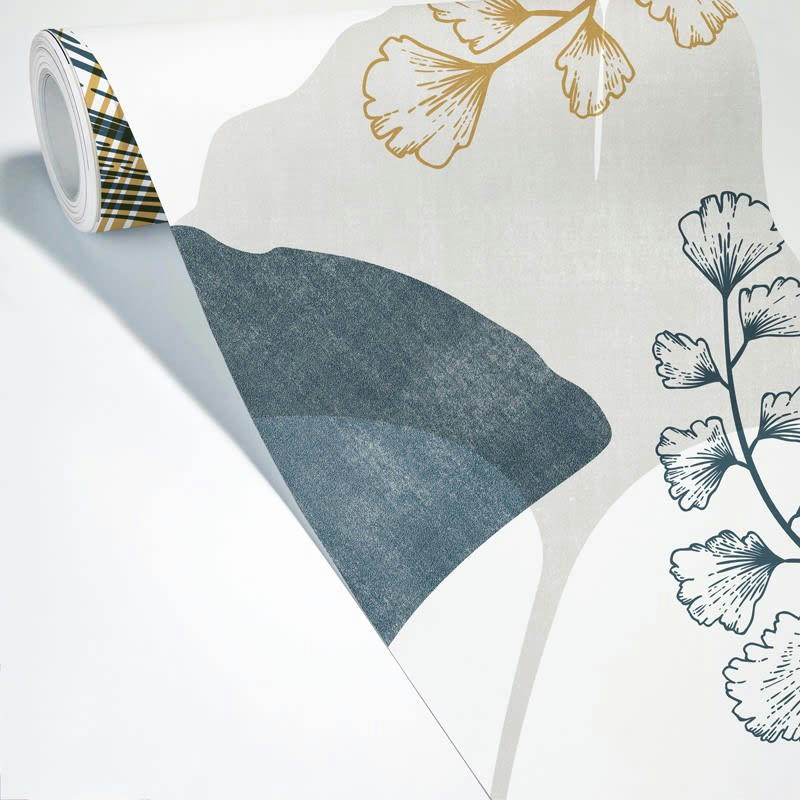 GINGKO OCRE ET BLEU - Papier Peint Panoramique L240xH270cm Multicolore Feuillage