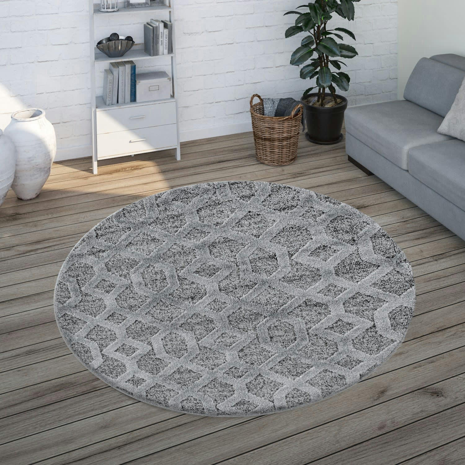 BOHEME - Tapis bohème rond à relief gris 120x120cm
