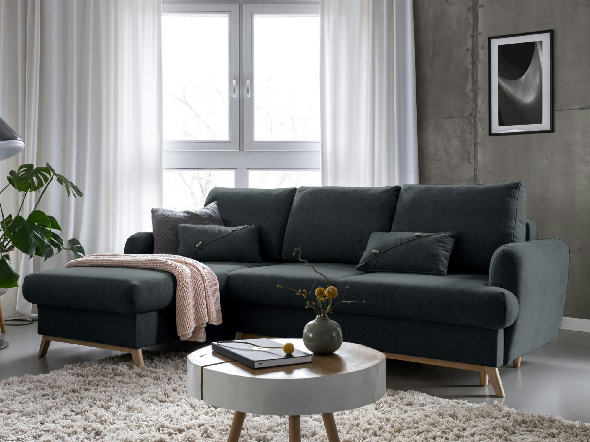 LAGOM - Canapé d'angle gauche convertible 4 places en tissu gris foncé