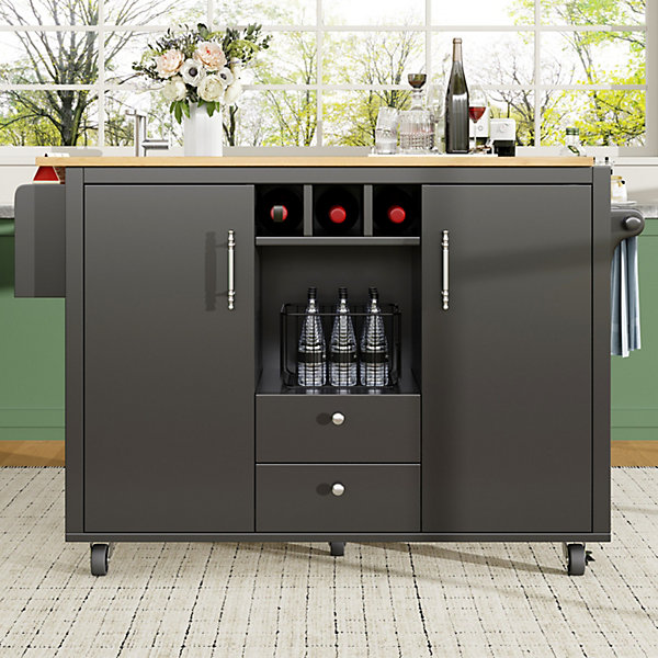 Îlot de cuisine avec rangement, 2 portes, étagères réglables, porte-serviettes et casier à vin, MDF métal, 138x73x92 cm noir