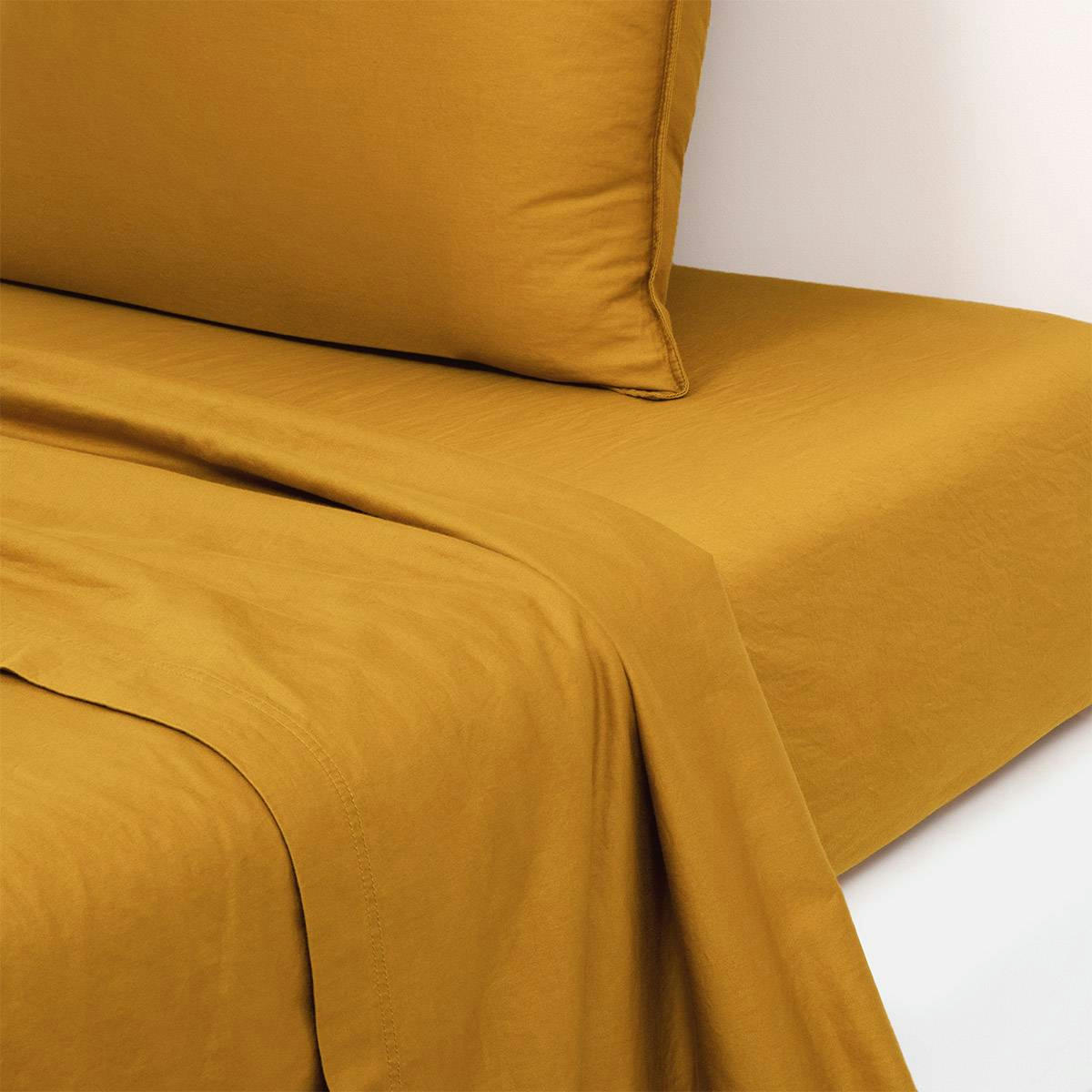 PALERME - Drap plat en satin de coton lavé jaune 180 x 290 cm