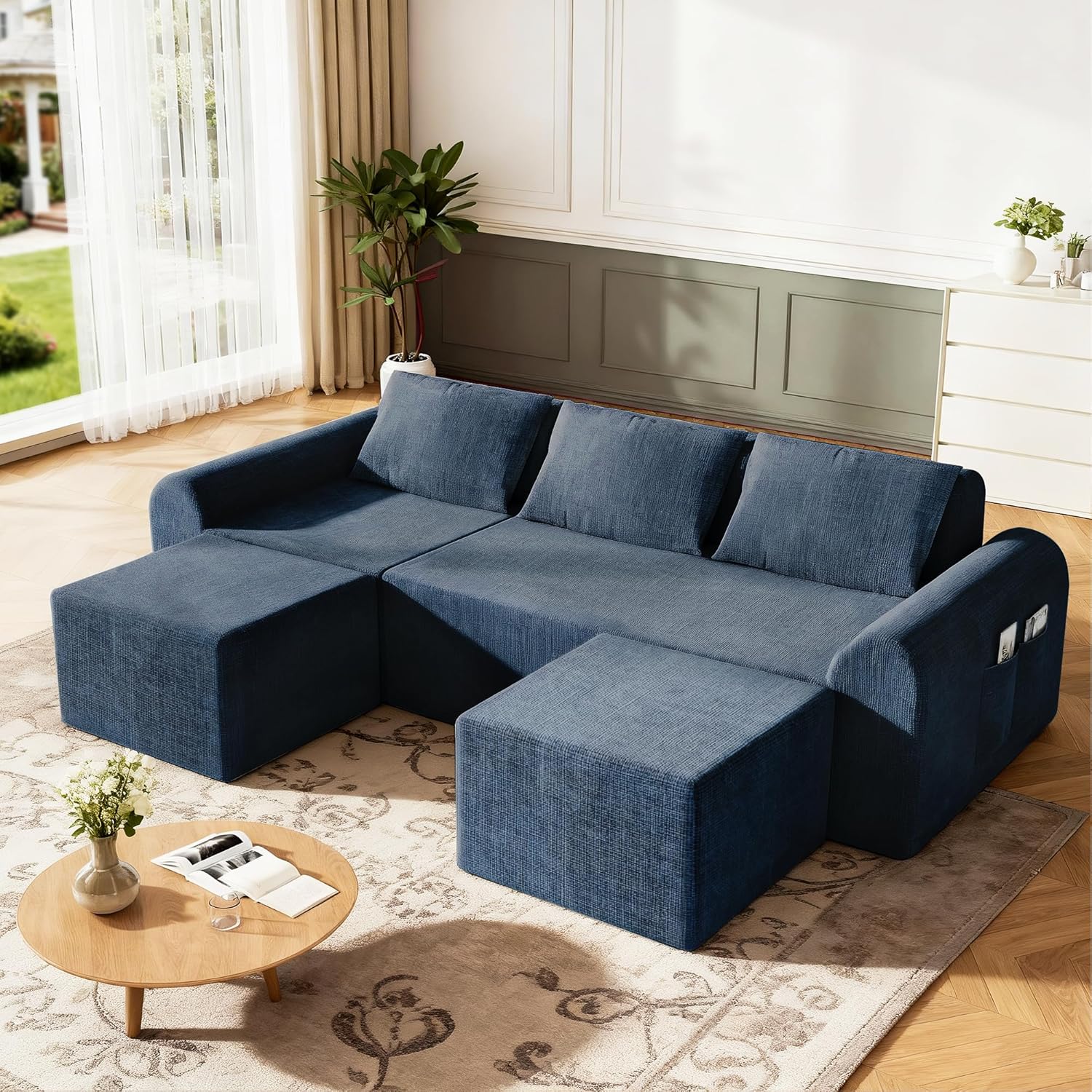 86.6 Cloud Boneless Sectional Sofa with Ottoman, L-Shaped Modular Couch for Living Room, Ultra Deep Seat Chenille Fabric Sofa, No Assembly Required, Blue