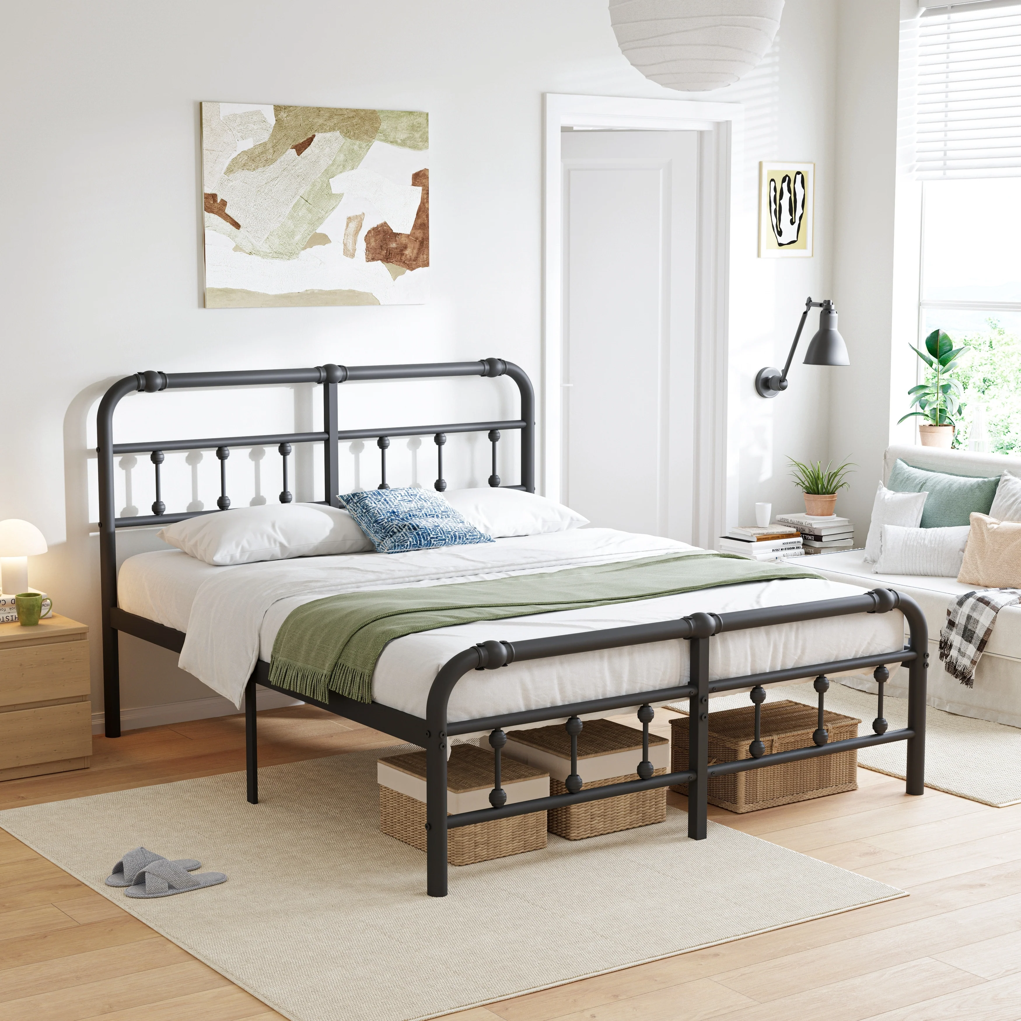 14 Inch Meatl Platform Bed With Headboard And Tailboard For Storage