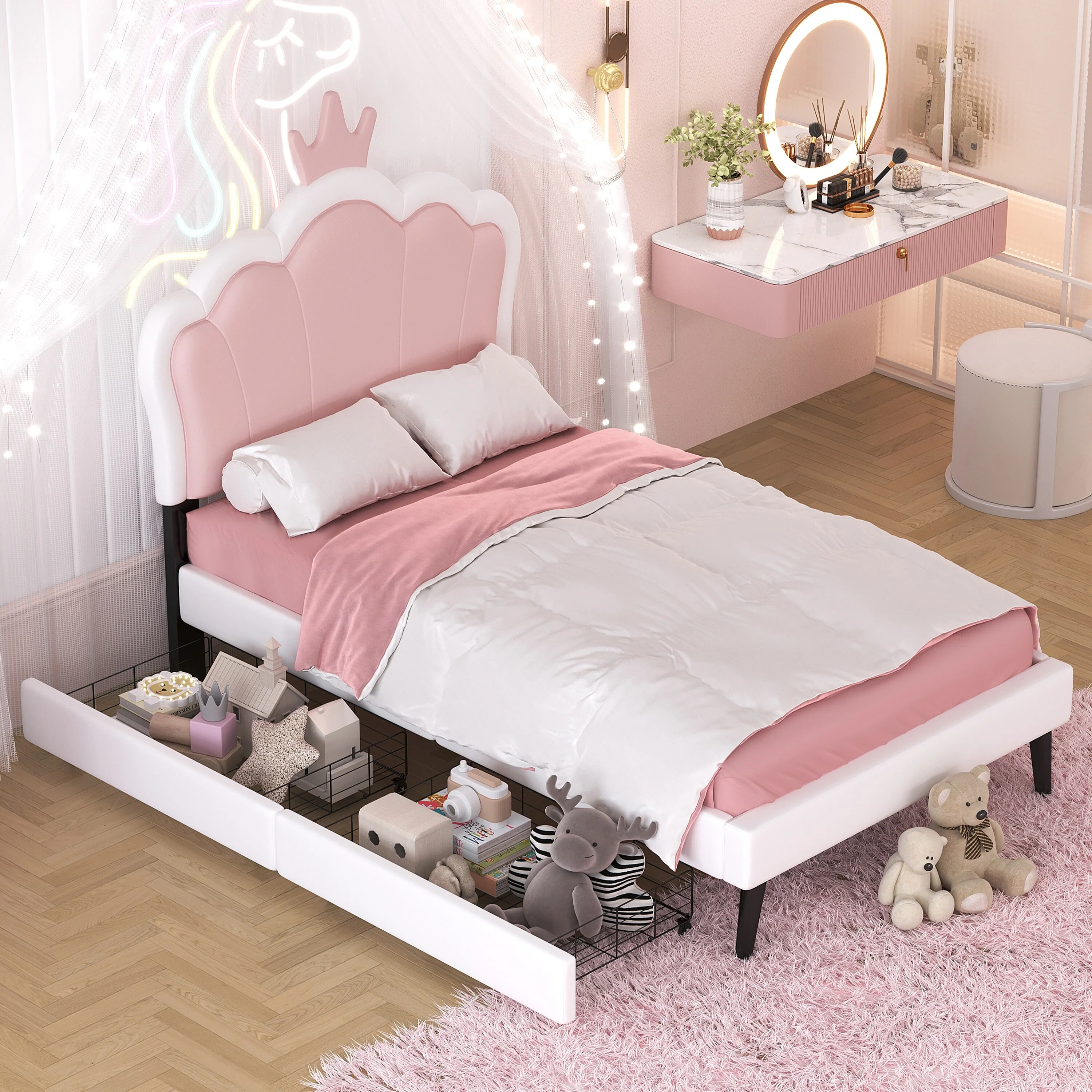 Crown Headboard Twin Platform Bed with 2 Storage Drawers, Ideal for Kids' Rooms