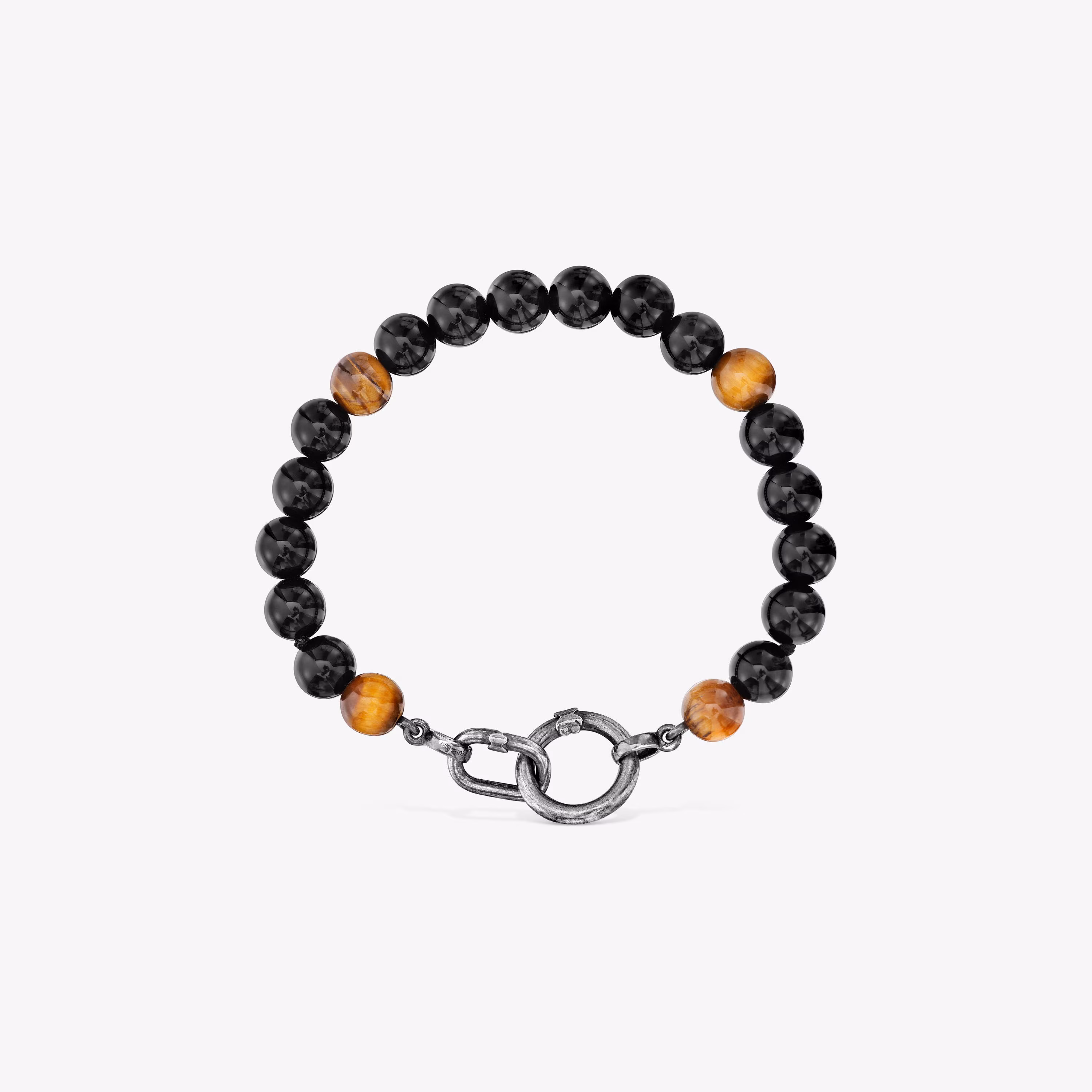 Pulsera de plata envejecida, ónix, ojo de tigre y anillas Hold Man