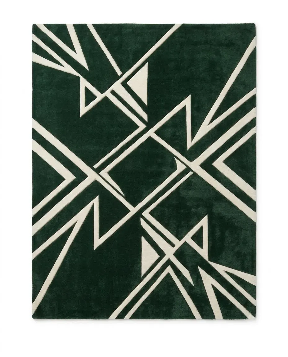 Modern Geometric Green Rug, Abstract White Line Area Rug, Contemporary Statement Carpet for Living Room, Bedroom, Office, Custom Size