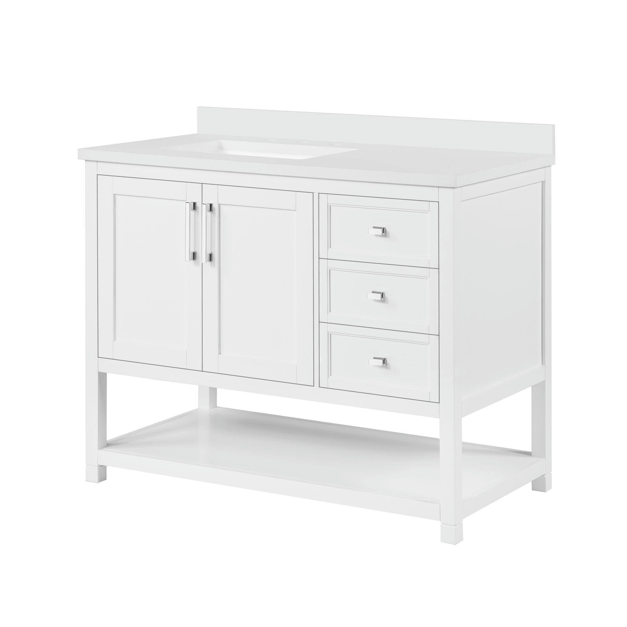 OVE Stanley 2-Door Single Sink Stone Top Bathroom Vanity with Built-in Power Bar, White, 42-in