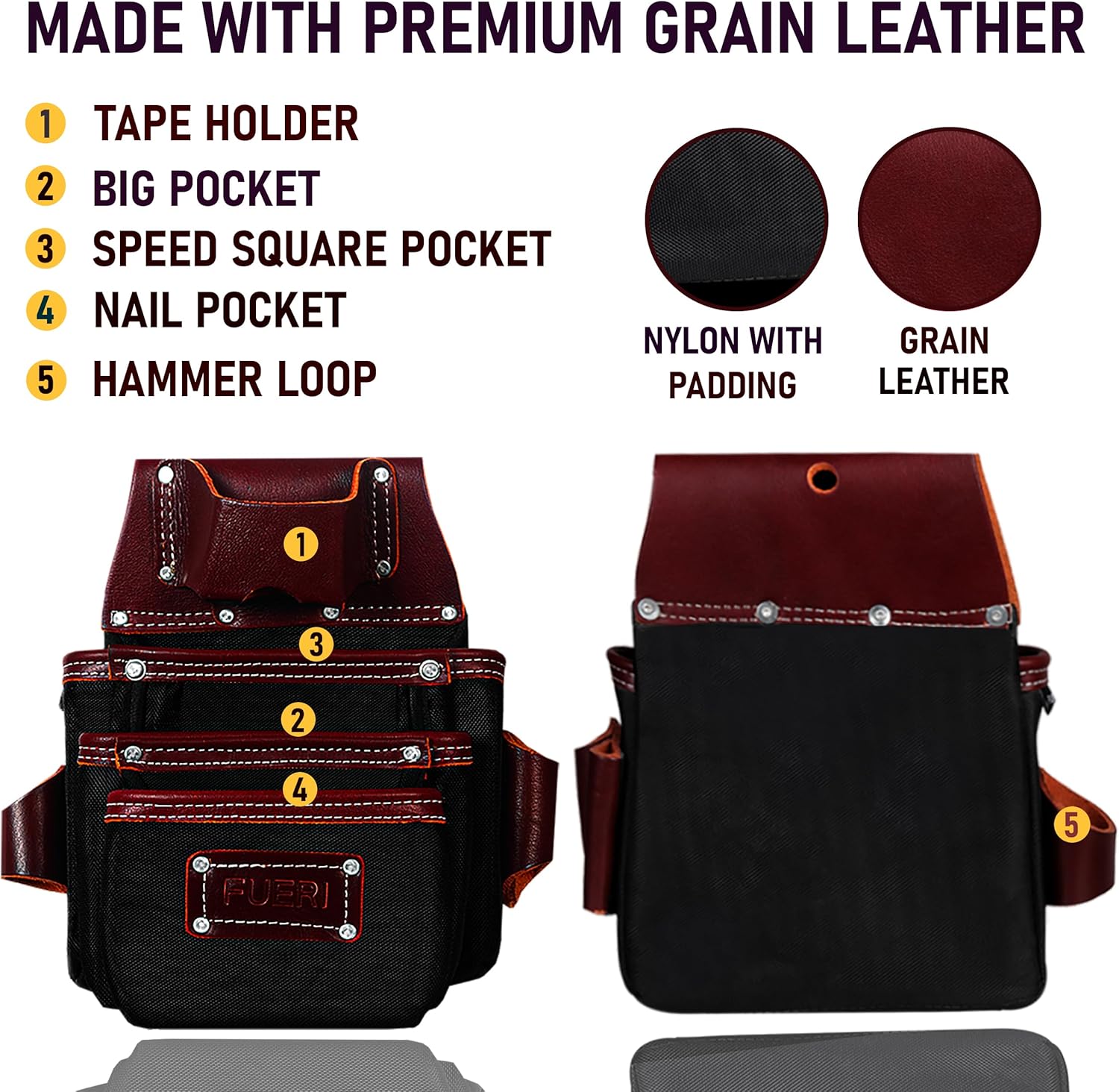 FUERI Electrician's Heavy Duty 26 Pocket Leather-Nylon Tool Belt & Bag Combo for Men, Comfort Back Support Padded Belt, 2 Large Storage Capacity Pouches, Best for Framers, Carpenter, Roofing