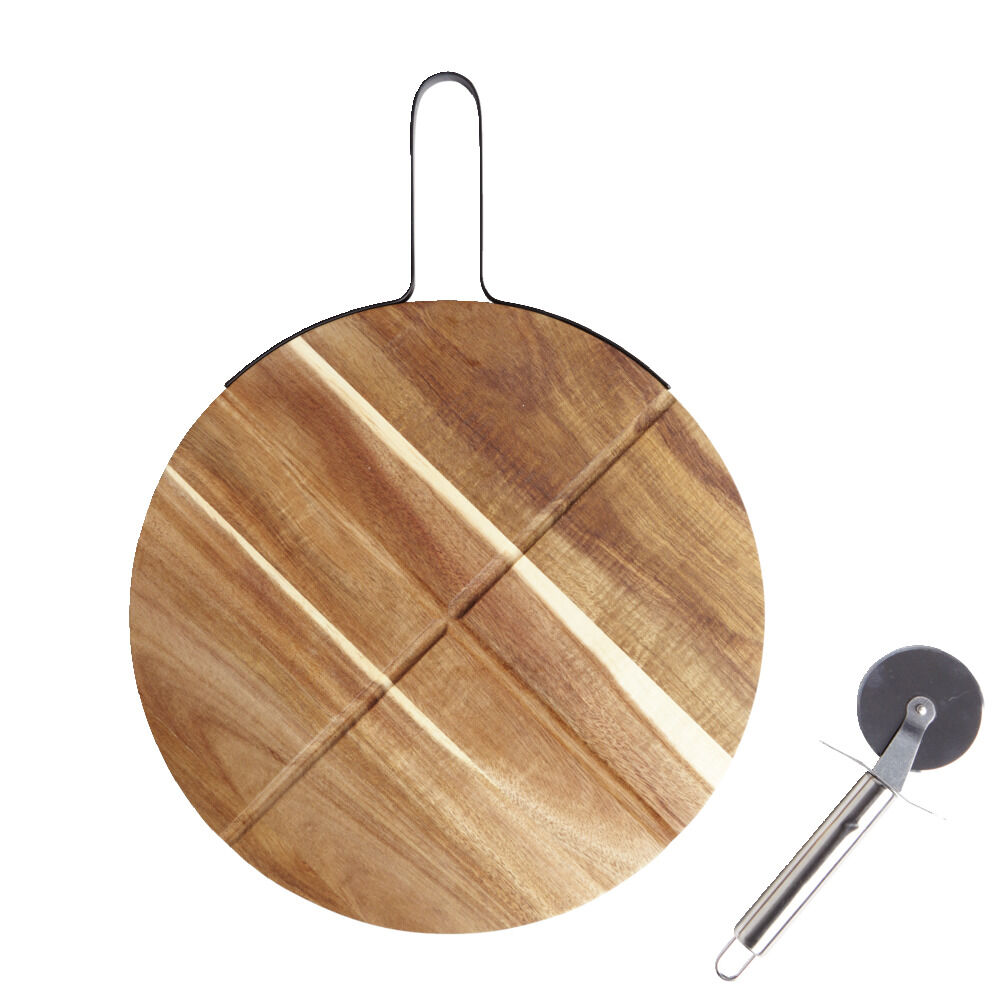 Plateau à pizza en bois avec roulette en acier