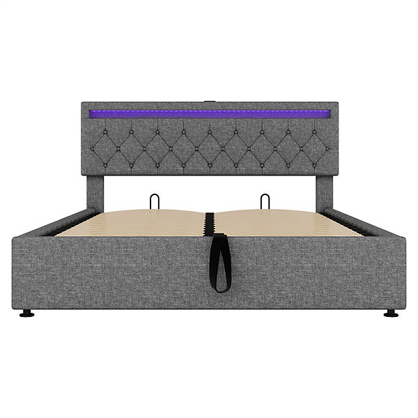 Lit adulte lit 160x200 cm lit rembourré lit de rangement avec lumière ambiante lit double lin gris