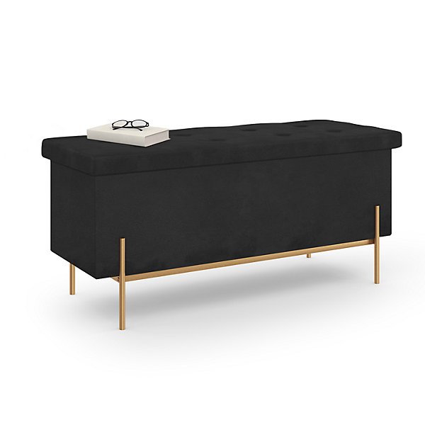 Banc coffre rangement LOUIS pieds métal doré 100 cm velours noir