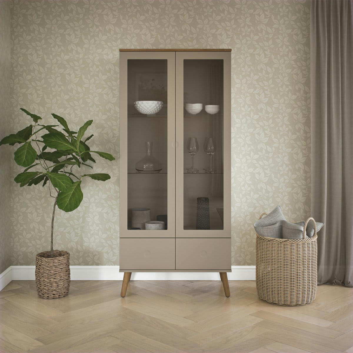 ZINO - Armoire scandinave portes vitrées avec tiroirs taupe