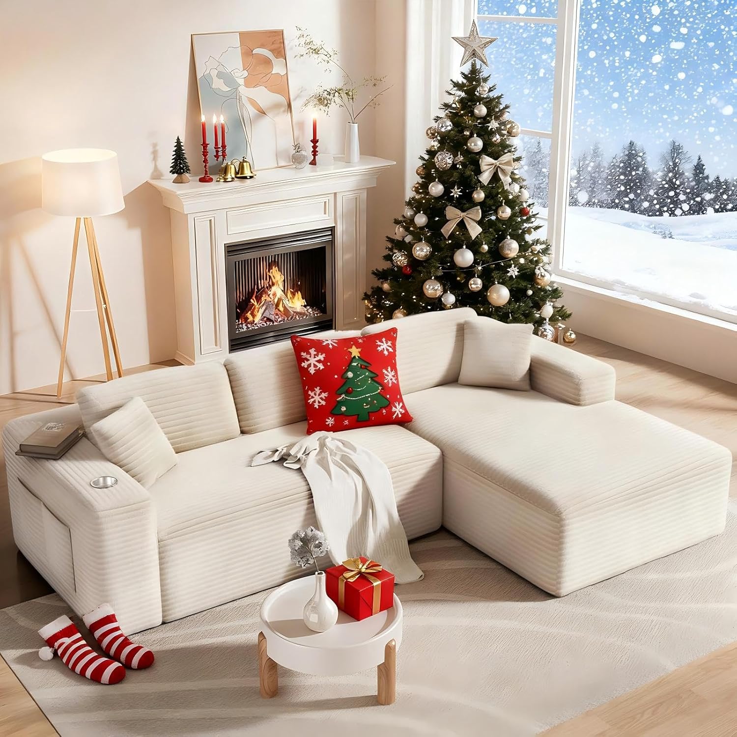 108” Cloud Sectional Couch, Modern Modular Sectional Sofa with Deep Seat, Corduroy Boneless Couches with Chaise, L-Shaped Sofa for Living Room, 4 Storage Pockets (Right Facing Chaise, Beige)