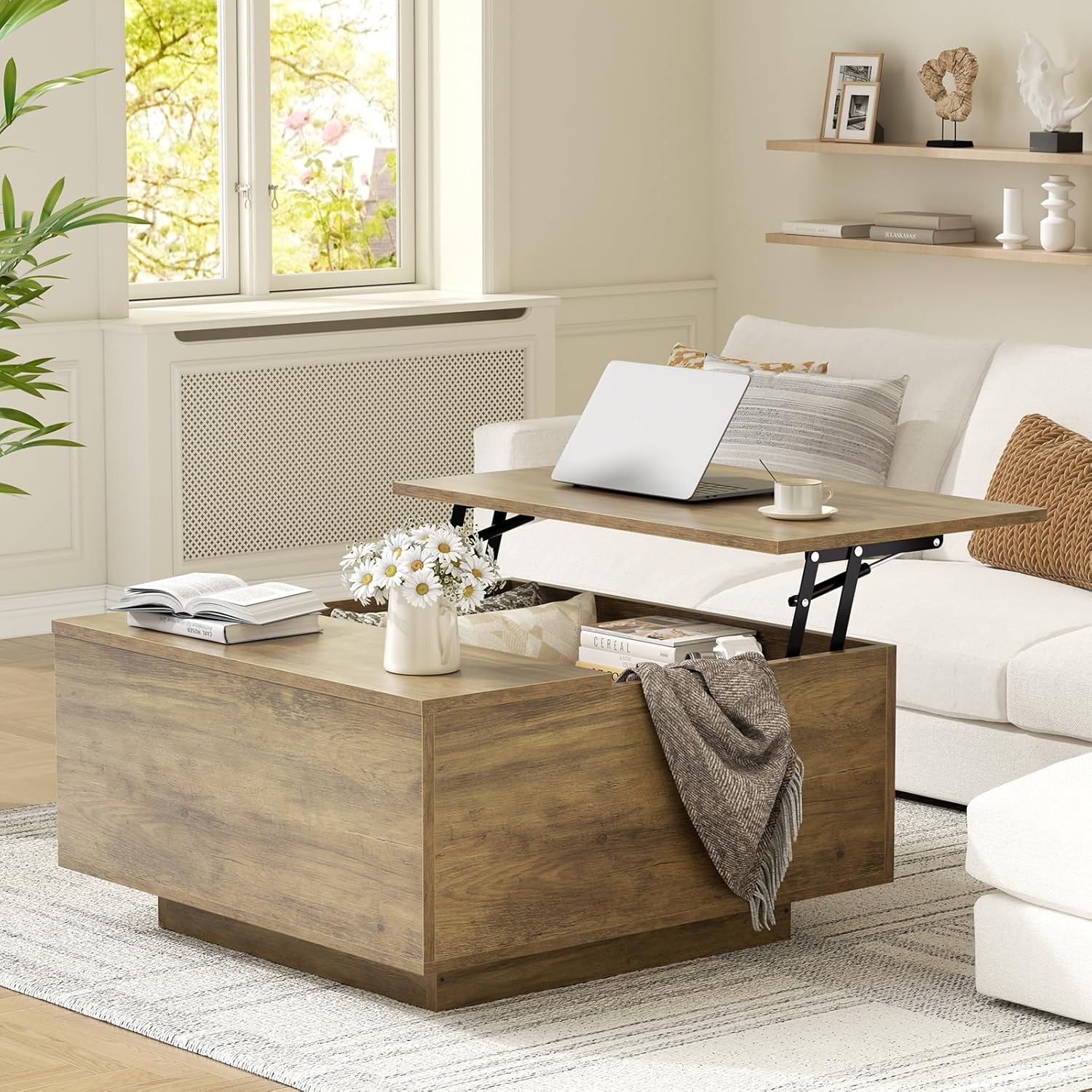 FABATO Lift Top Coffee Table, Wood Square Coffee Table with Storage, Farmhouse Coffee Tables with Hidden Storage Compartment, Center Table with Lifting Tabletop for Living Room, Home Office, Oak