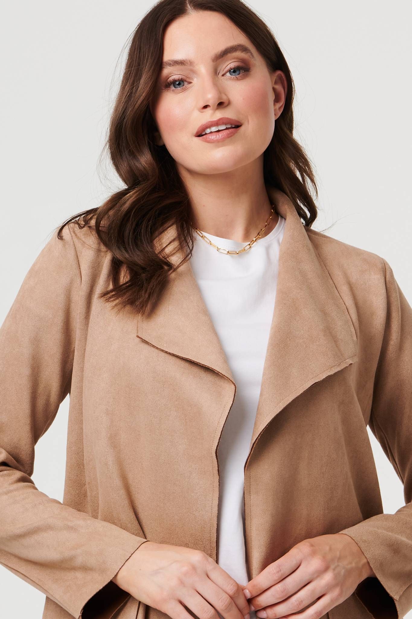 Izabel London Faux Suede Collared Open Front Jacket