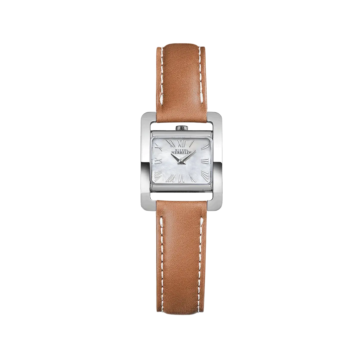 Ve AVENUE – QUARTZ – NACRE BLANCHE & CUIR CAMEL