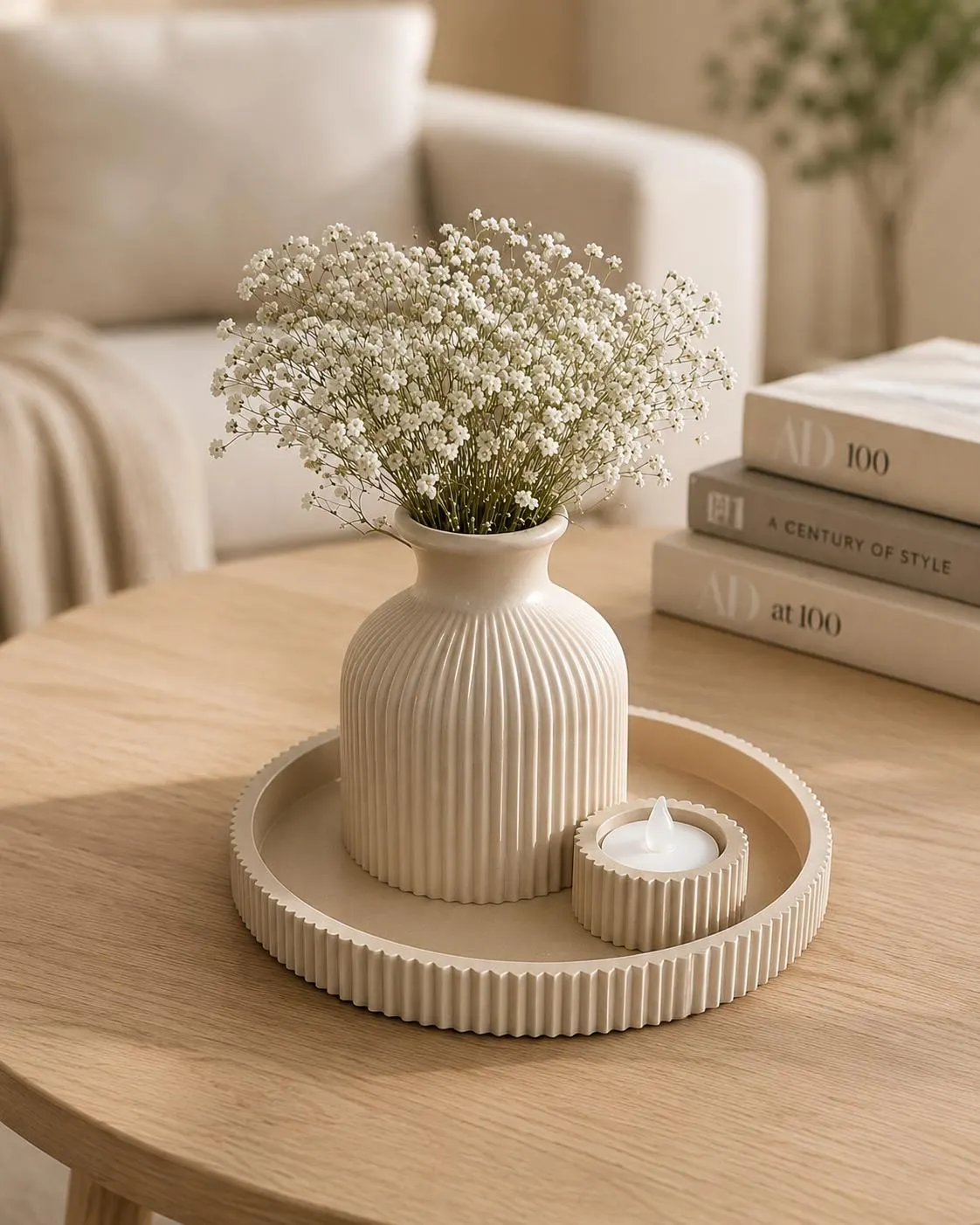 Modern Ribbed Set with Vase, Tray and Tealight Holder, Minimalist Home Decor, Coffee Table Centrepiece, Boho Shelf Styling Gift
