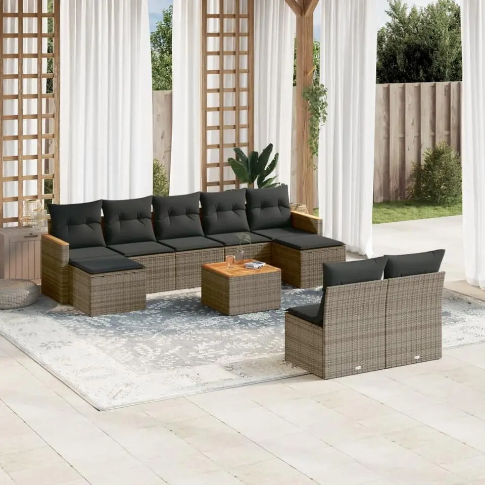 vidaXL Loungeset met 7 kussens hout armsteun & salontafel - Poly Rattan - Grijs