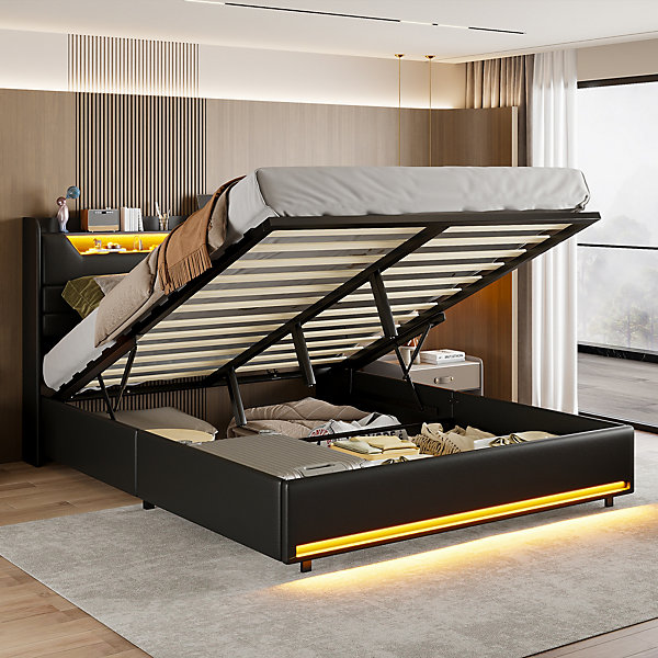 Lit Coffre 140x200 cm, avec LED et USB, Lit Double Rembourre, avec Rangement, Tete de Lit, PU, Noir