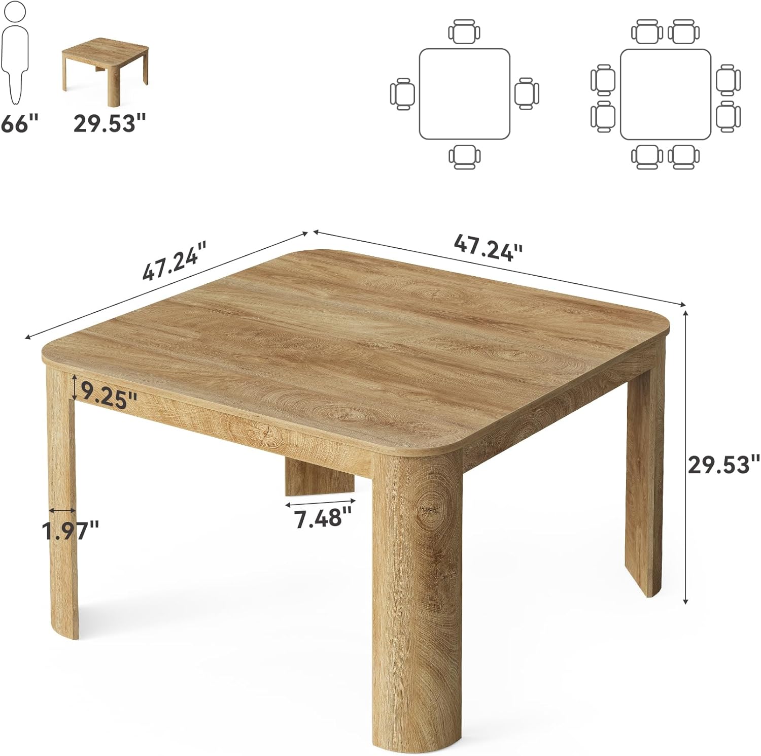 LITTLE TREE Square Dining Table with Rounded Corners, Modern 47 Kitchen Table for 4 People, Space Saving Dining Room Table for Kitchen (Light Walnut, MDF)