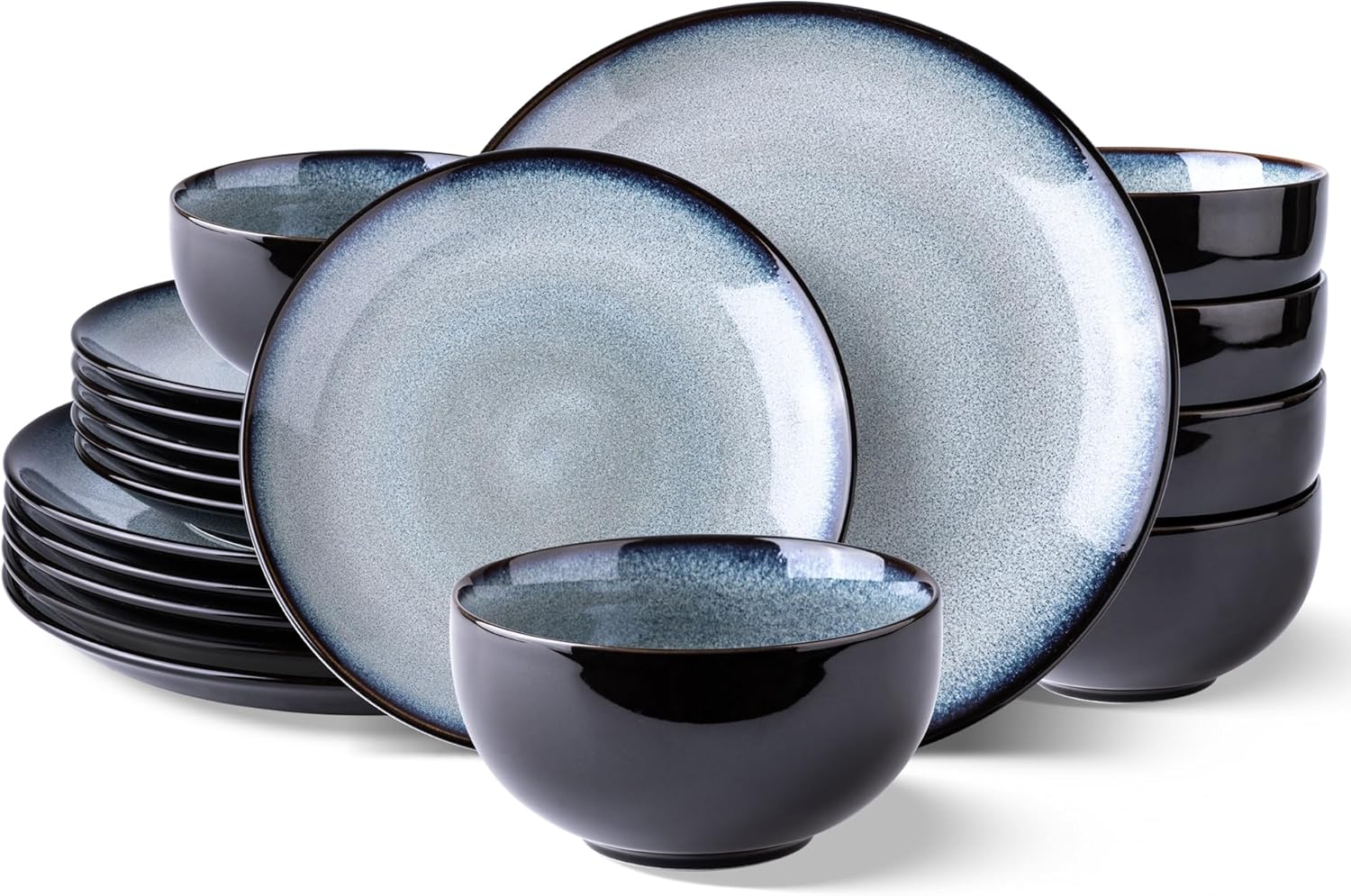 LeRatio Ceramic Dinnerware Sets for 6,Stoneware Plates and Bowls Sets,Handmade Reactive Glaze Dishes Set,Chip Resistant and Scratch Resistant | Oven&Dishwasher & Microwave Safe-Gray White(18PCS)