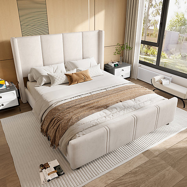 Cadre lit 140x200cm, tête/pied hauts, USB, fer   bois, beige