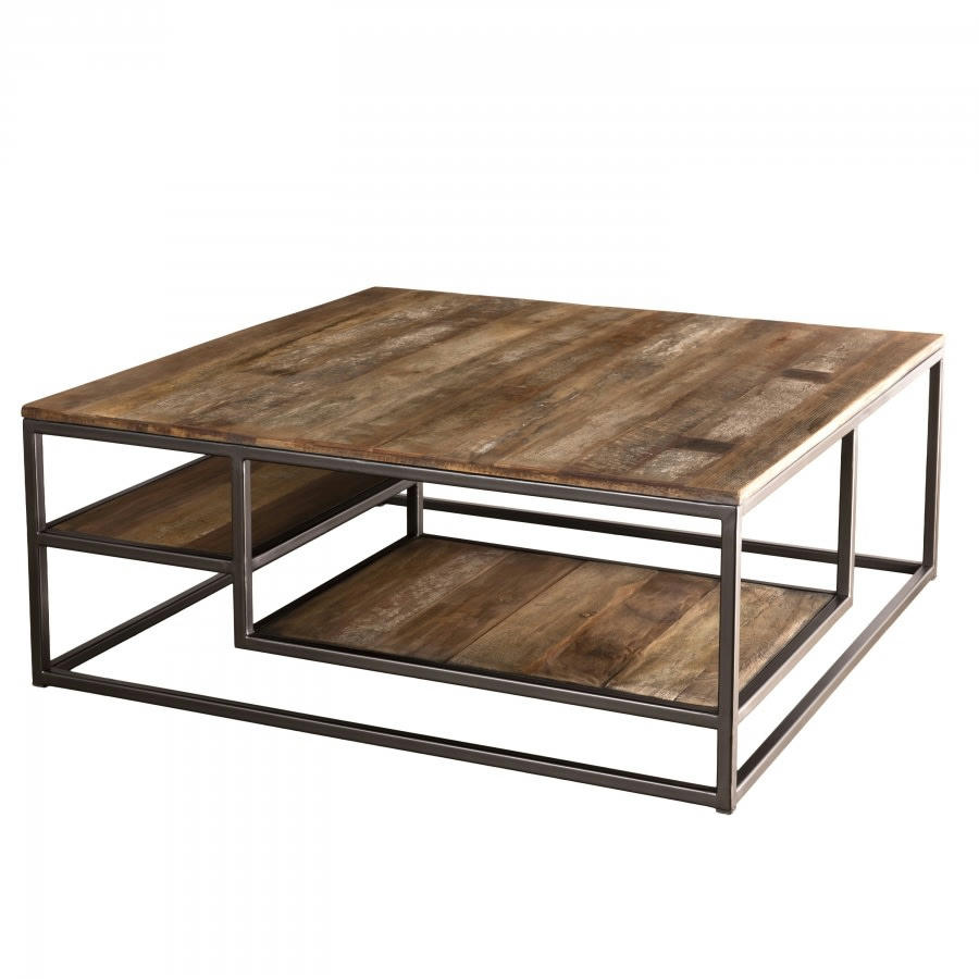 ALIDA - Table basse carrée en teck recyclé acacia mahogany métal noir L100