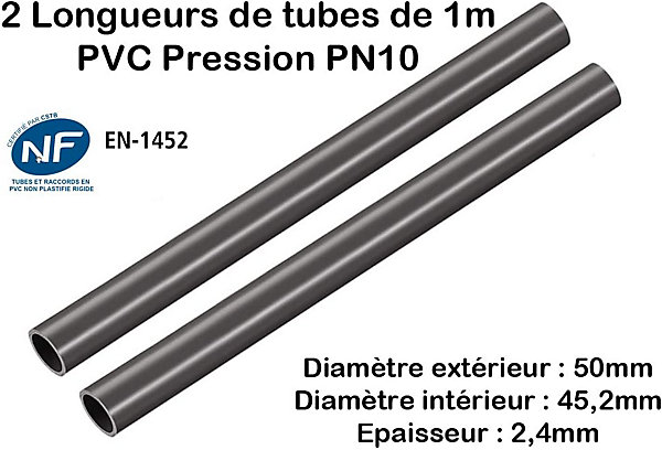Barres de 1M Lot de 2 Tubes Rigide TuyauPVC Pression PN10 50mm PVC U diamètre extérieur 5cm