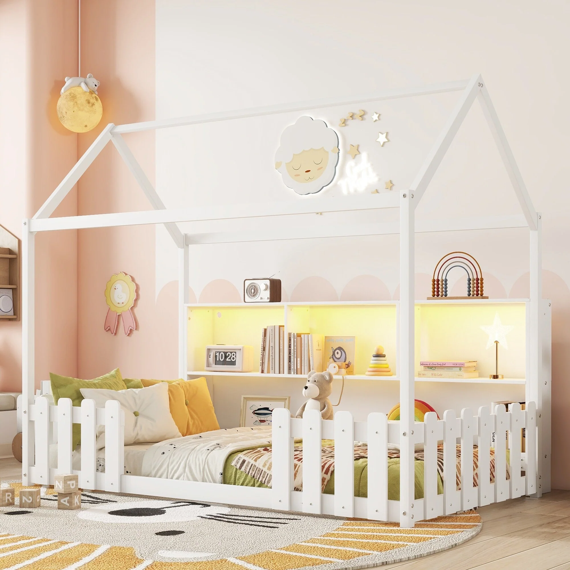 Kids Twin Floor Bed with Roof Frame and LED Light, Wooden House Bed with Bookshelf Storage and Guardrails
