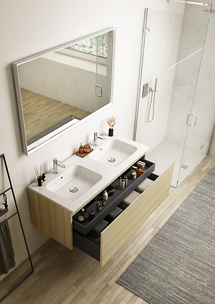 Meuble vasque suspendu effet chêne l.120 cm   plan double vasque blanc céramique, Pura