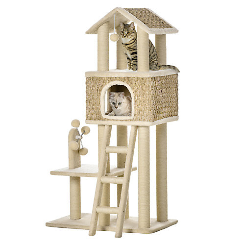Arbre à chat PawHut 130 cm avec niche, boules de jeu et poteaux en jute khaki et beige