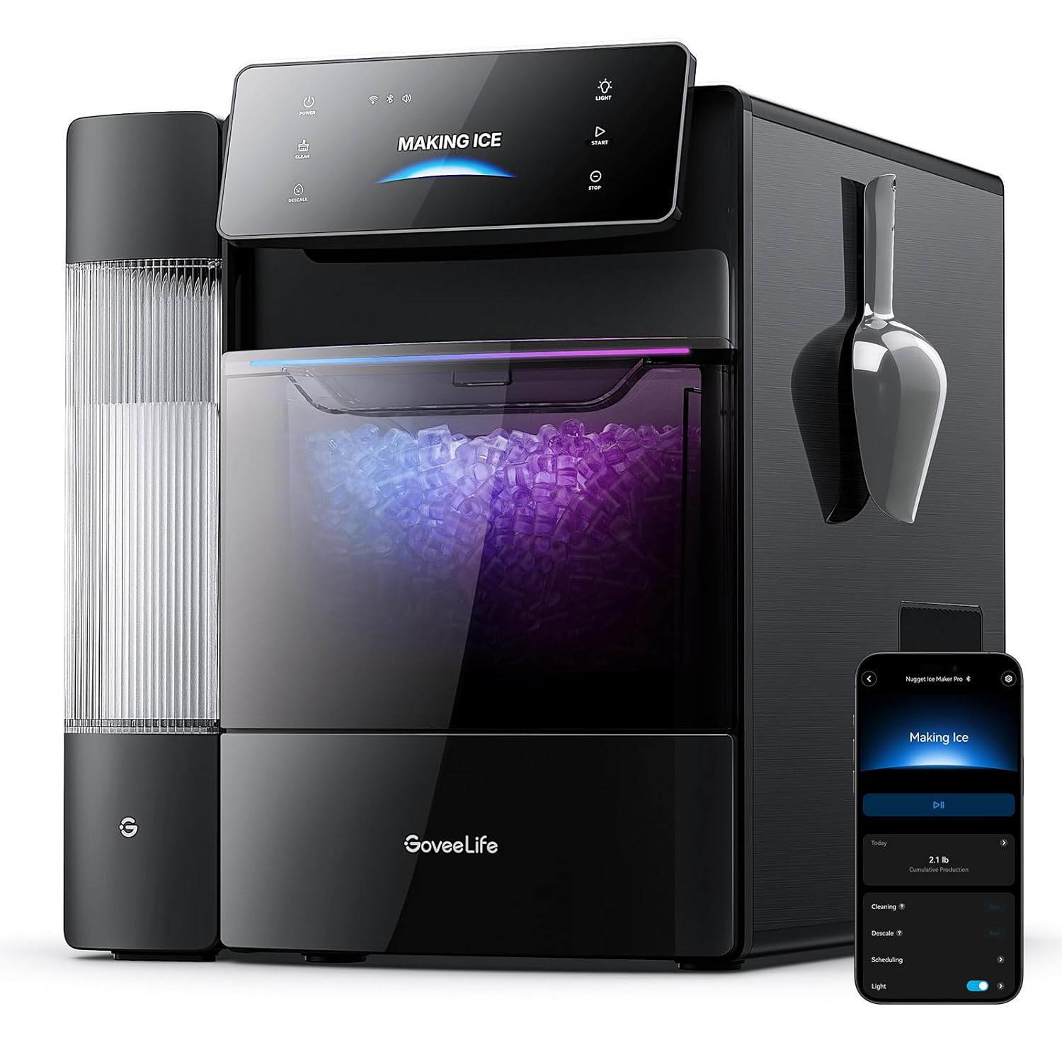 GoveeLife Smart Nugget Ice Maker Pro, 60lbs Daily, 6-Minute First Ice, 40dB Ultra-Quiet with AI NoiseGuard, App & Voice Control, Self-Clean, 3.5lbs Basket & Dual Water Tanks, for Home Kitchen, Party