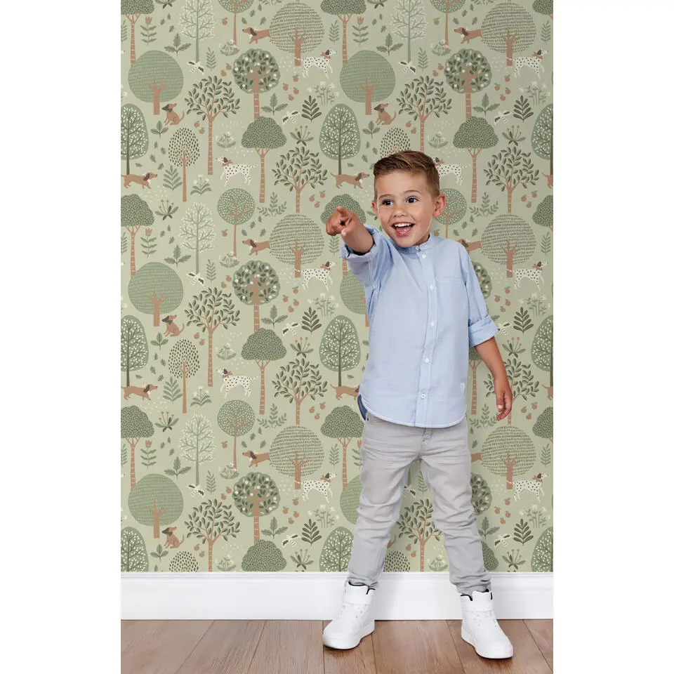 ESTAhome behang honden vergrijsd mintgroen - 53 cm x 10.05 m