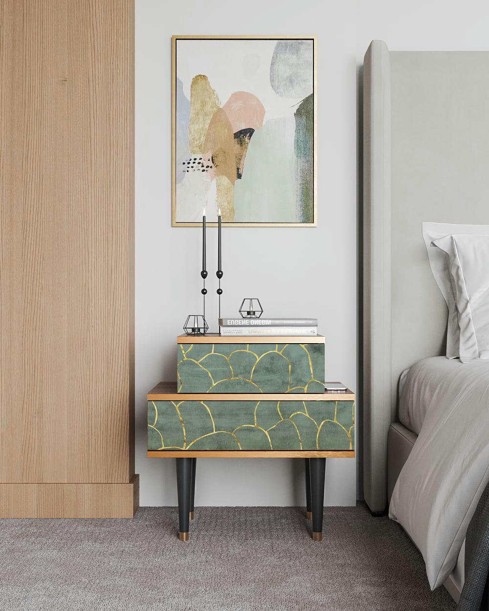 MAGNIFICENT WATER LILY - Table de chevet bleu-vert 2 tiroirs L 58 cm