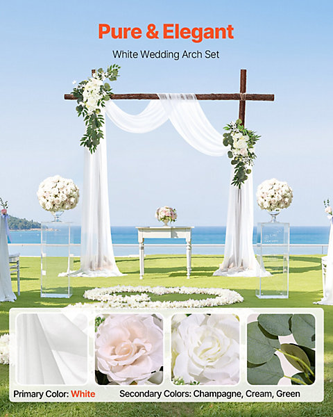 Kit fleurs artificielles arche mariage, 2 bouquets, 1 rideau, blanc.