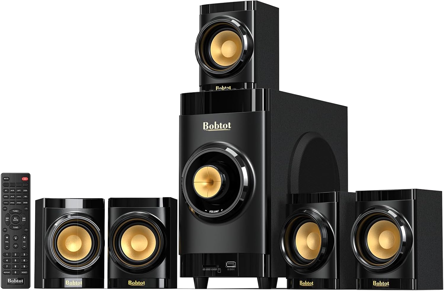 Bobtot Small Subwoofer Home Theater for TV Surround System 5 Wired Speakers Amplifier 4 inch Woofer Built-in Receiver Support ARC Optical Bluetooth Input for Projector